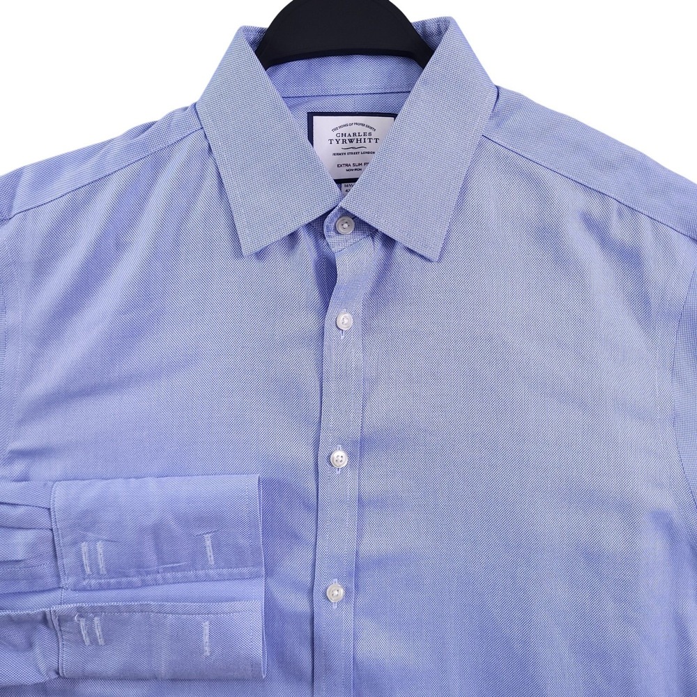 Charles Tyrwhitt Dress Shirt 16.5 35 Extra Slim Fit Non Iron French Cuff Blue